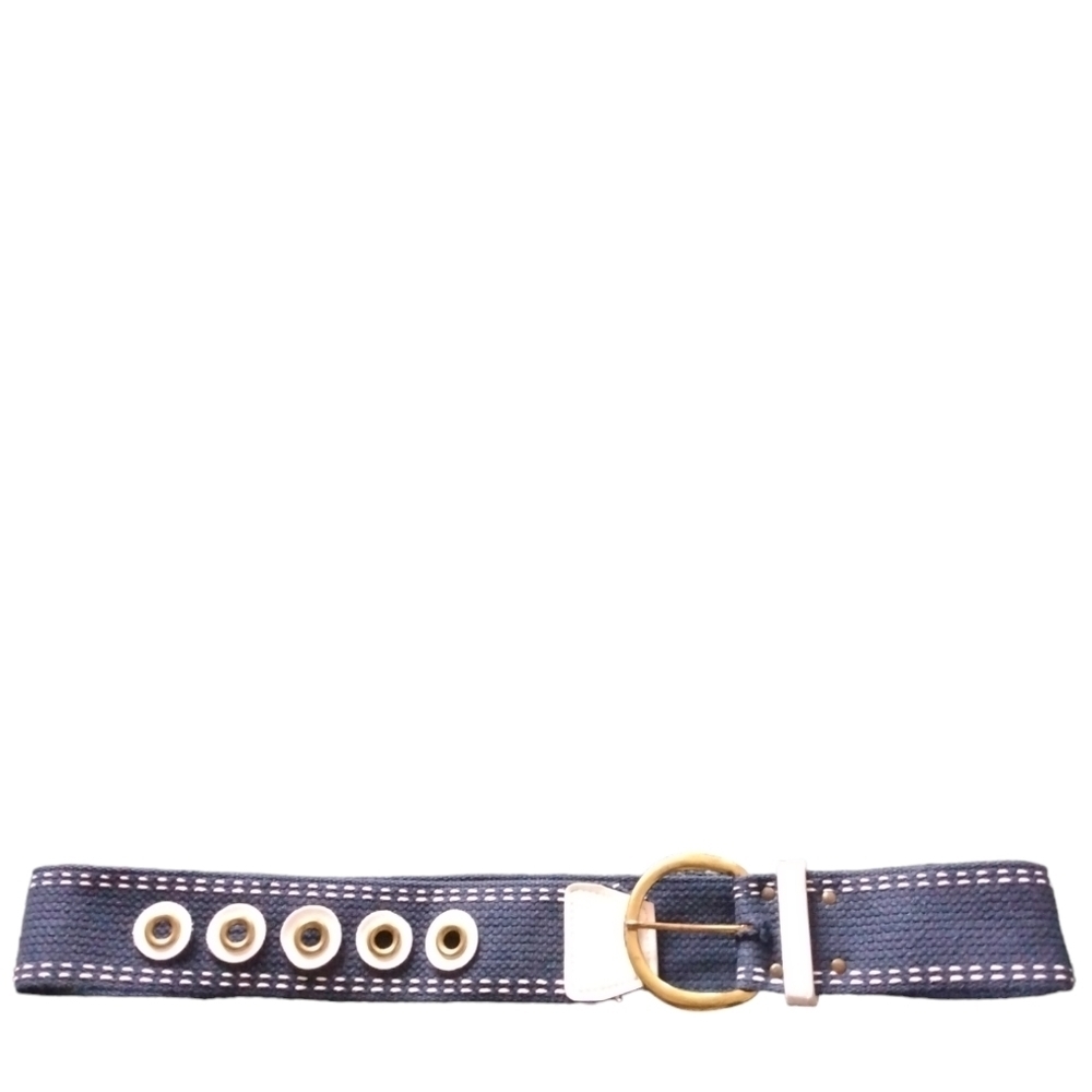 Statement Belt Fabric Navy-White Stitch Circular White/Brass Accents 80s 25-30"